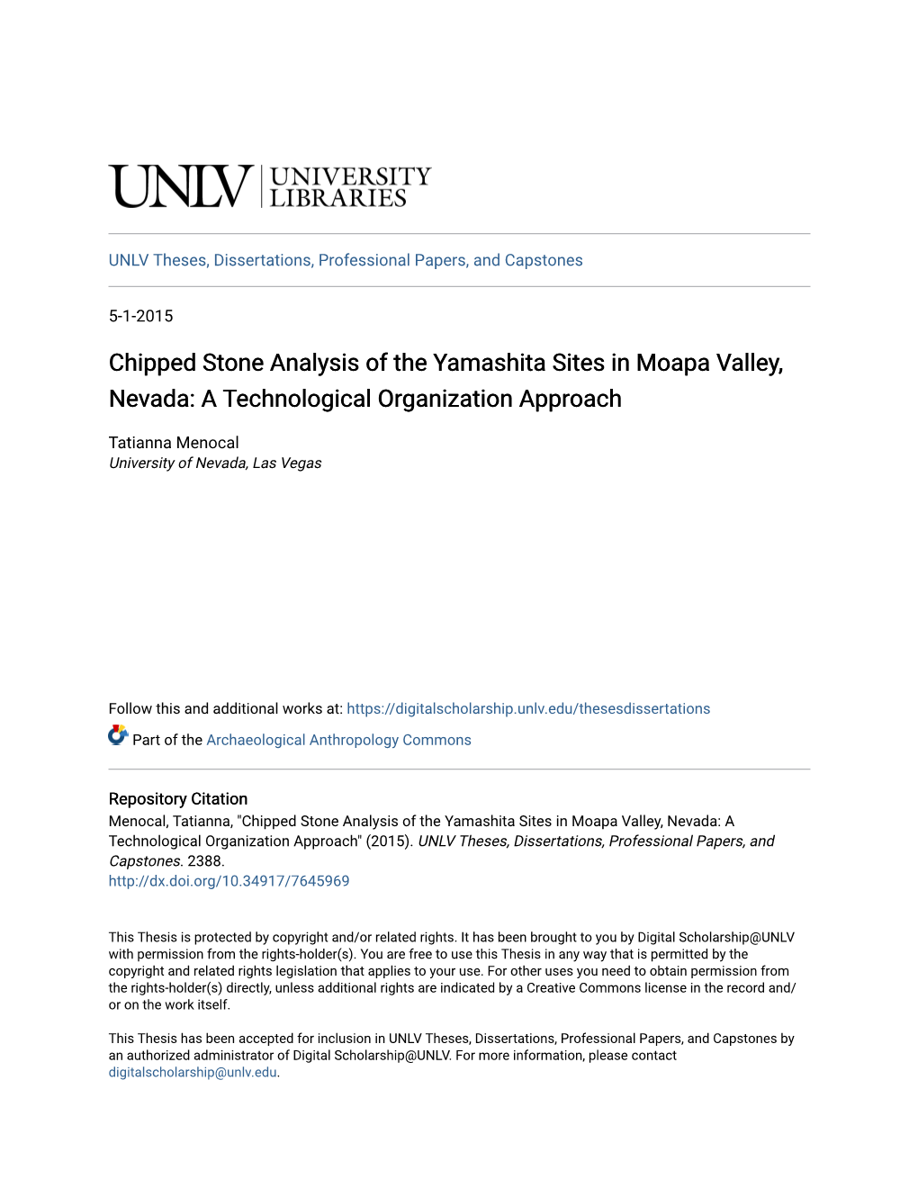 Chipped Stone Analysis of the Yamashita Sites in Moapa Valley, Nevada: a Technological Organization Approach