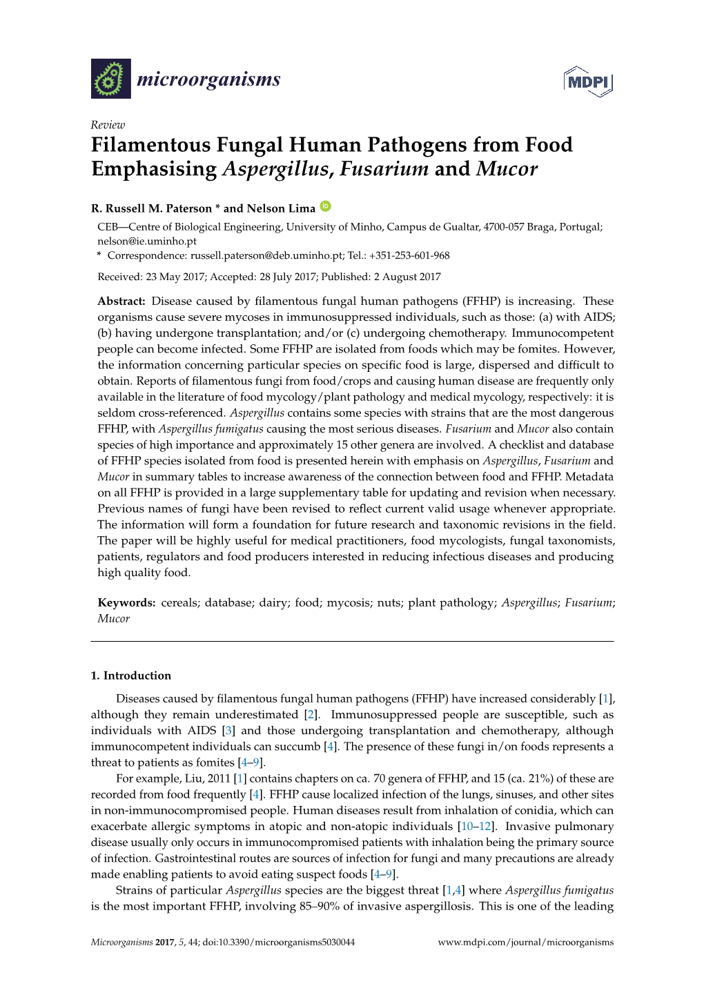 Filamentous Fungal Human Pathogens from Food Emphasising Aspergillus, Fusarium and Mucor