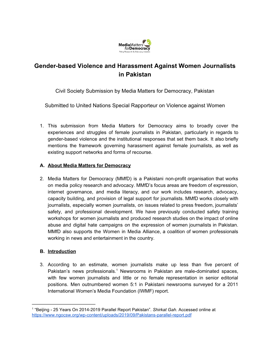 Gender-Based Violence and Harassment Against Women Journalists in Pakistan