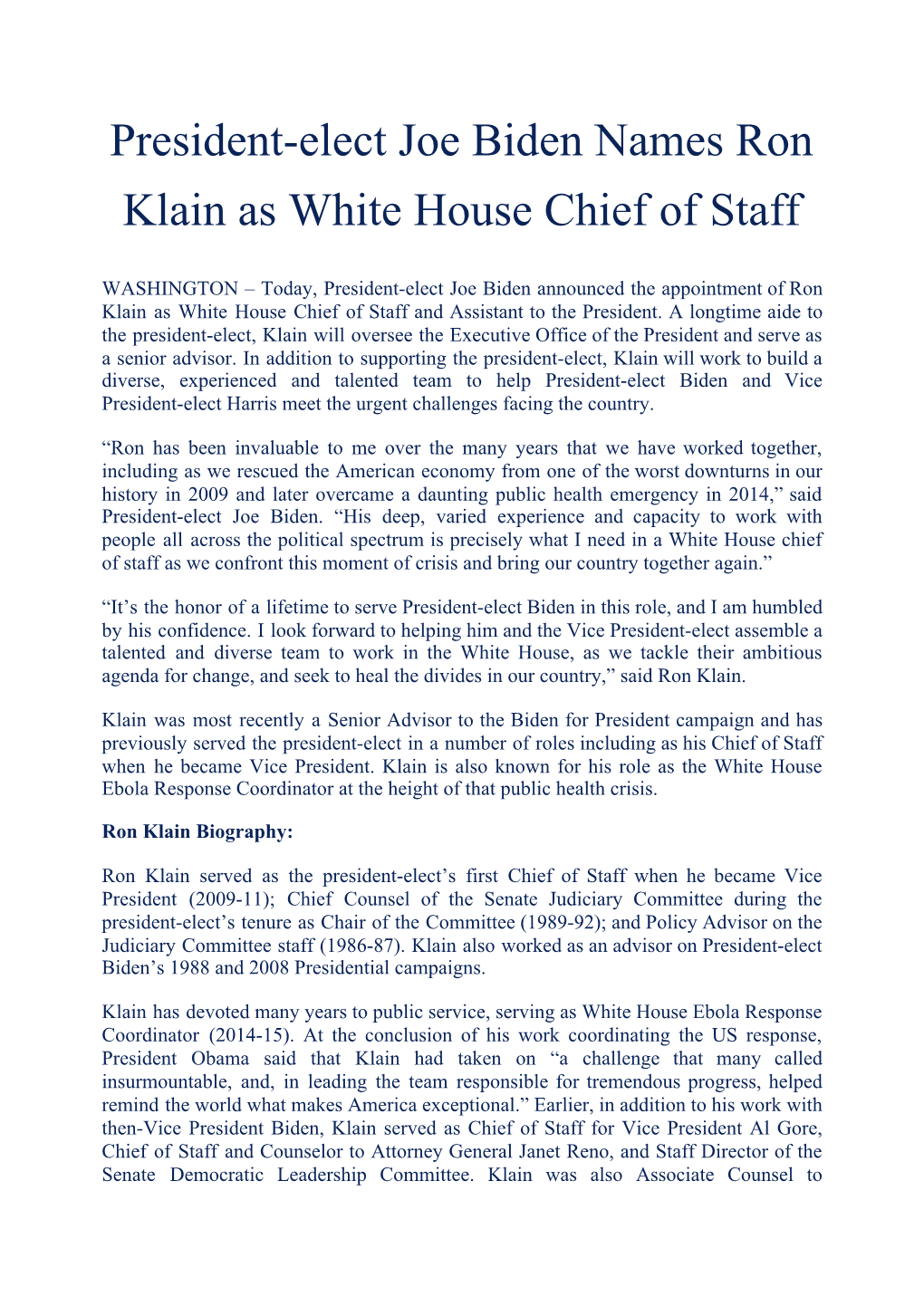 President-Elect Joe Biden Names Ron Klain As White House Chief of Staff