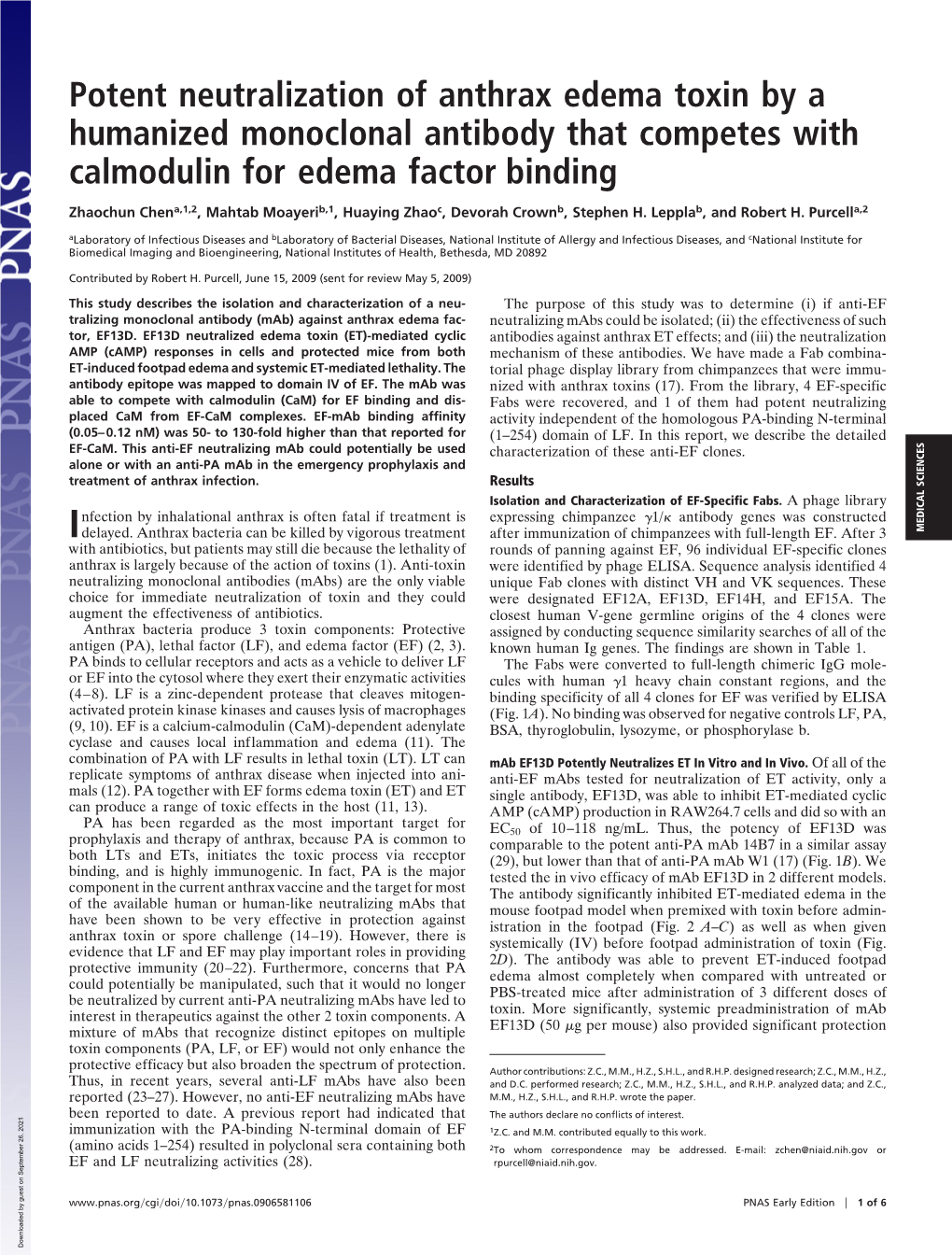 Potent Neutralization of Anthrax Edema Toxin by a Humanized Monoclonal Antibody That Competes with Calmodulin for Edema Factor Binding