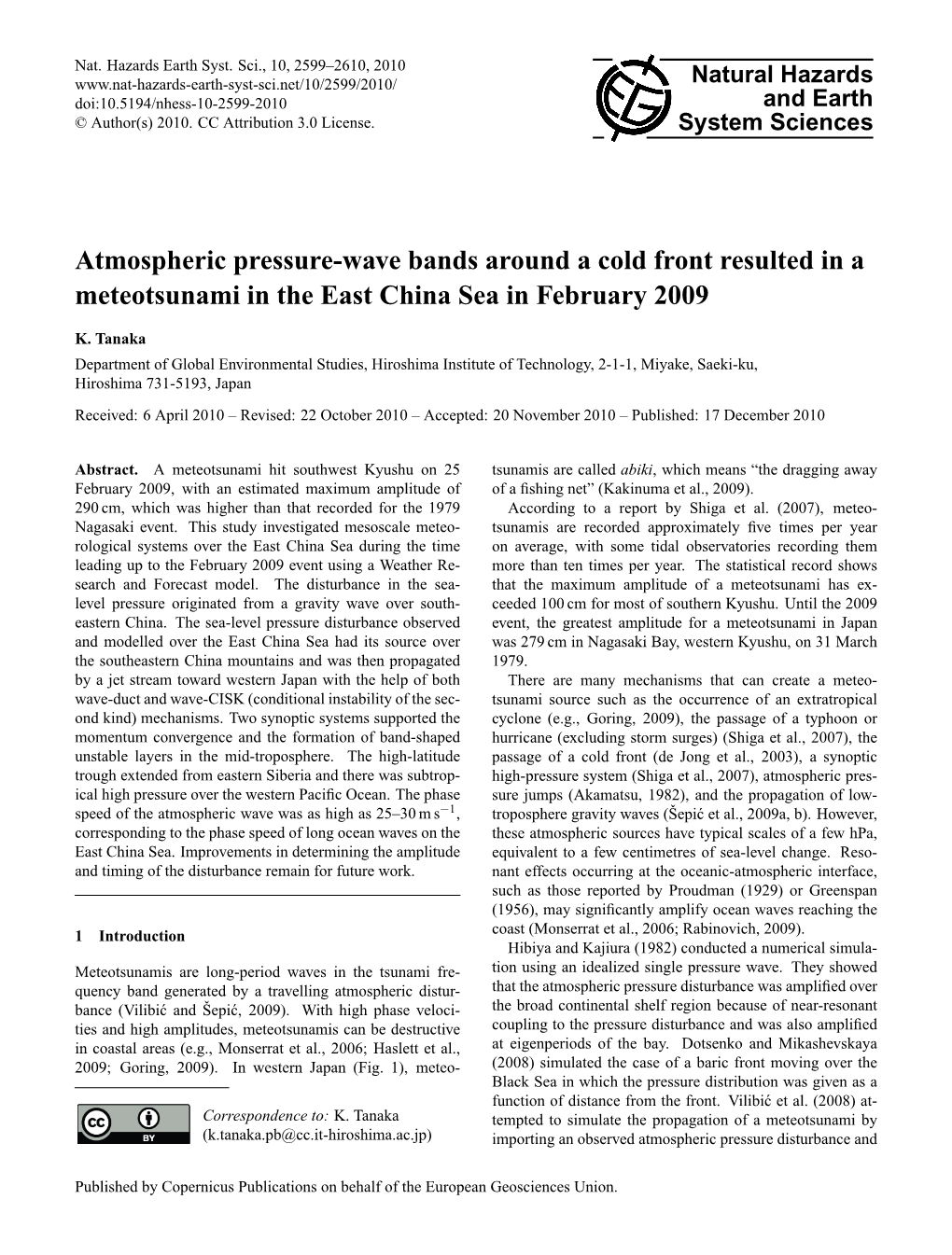 Atmospheric Pressure-Wave Bands Around a Cold Front Resulted in a Meteotsunami in the East China Sea in February 2009