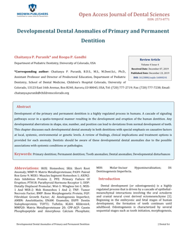 Chaitanya P. Puranik and Roopa P. Gandhi. Developmental Dental Anomalies of Primary and Permanent Dentition. J Dental Sci 2019