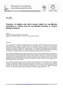 Freedom of Religion and Other Human Rights for Non-Muslim Minorities in Turkey and for the Muslim Minority in Thrace (Eastern Greece)
