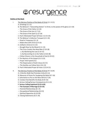 Outline of the Book I. the Glorious Position of the Body of Christ (1:1-3:21) A