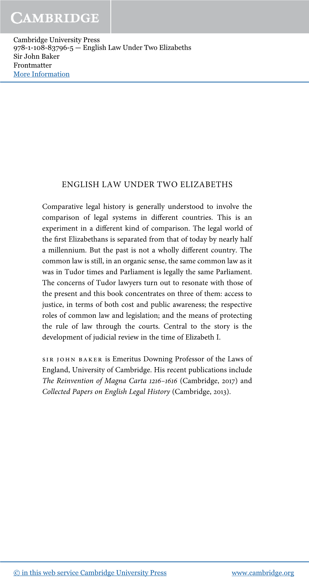 English Law Under Two Elizabeths Sir John Baker Frontmatter More Information