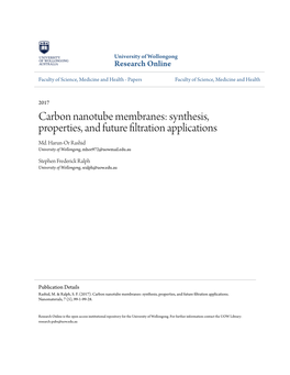 Carbon Nanotube Membranes: Synthesis, Properties, and Future Filtration Applications Md
