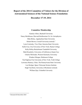 Report of the 2014 Committee of Visitors for the Division of Astronomical Sciences of the National Science Foundation December 17-19, 2014