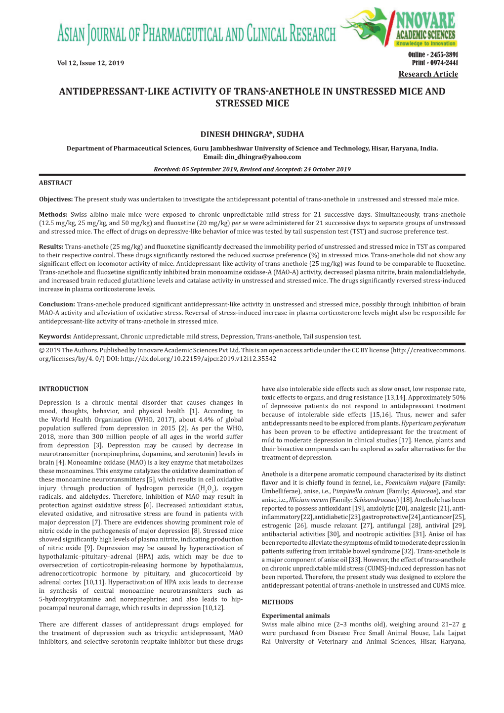 Antidepressant-Like Activity of Trans-Anethole in Unstressed Mice and Stressed Mice