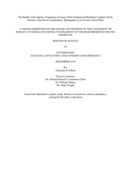 The Riddle of the Sphinx: Population Ecology of the Endangered Blackburnʻs Sphinx Moth, Manduca Blackburni (Lepidoptera: Sphingidae) on an Invasive Host Plant