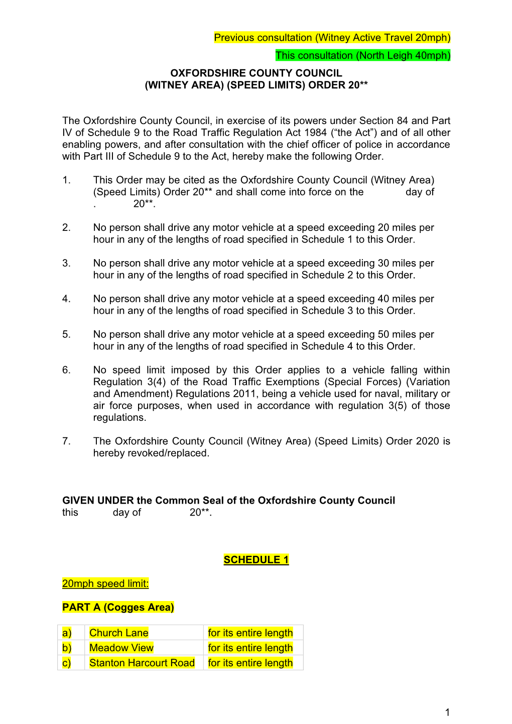 North Leigh 40Mph) OXFORDSHIRE COUNTY COUNCIL (WITNEY AREA) (SPEED LIMITS) ORDER 20**