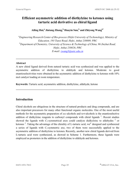 Efficient Asymmetric Addition of Diethylzinc to Ketones Using Tartaric Acid Derivative As Chiral Ligand