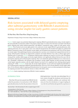Risk Factors Associated with Delayed Gastric Emptying After Subtotal Gastrectomy with Billroth-I Anastomosis Using Circular Stapler for Early Gastric Cancer Patients