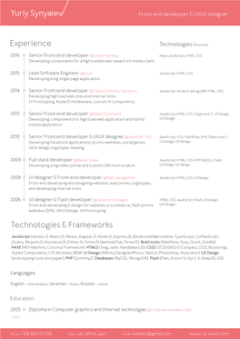 Experience Technologies & Frameworks Yuriy Synyaiev