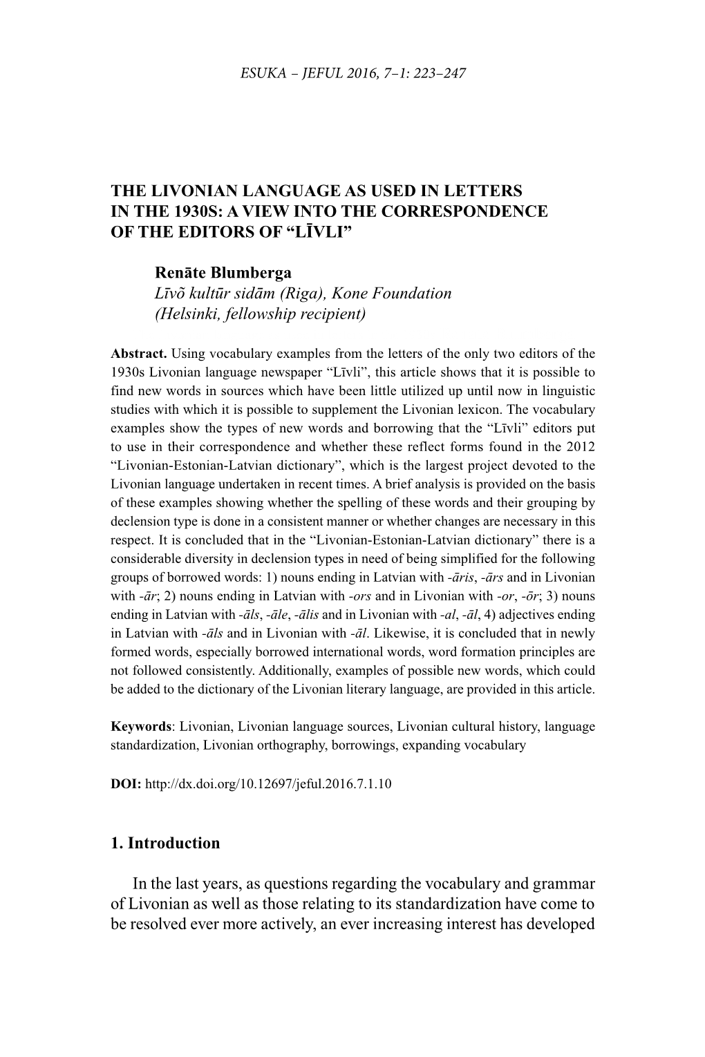 The Livonian Language As Used in Letters in the 1930S: a View Into the Correspondence of the Editors of “Līvli”