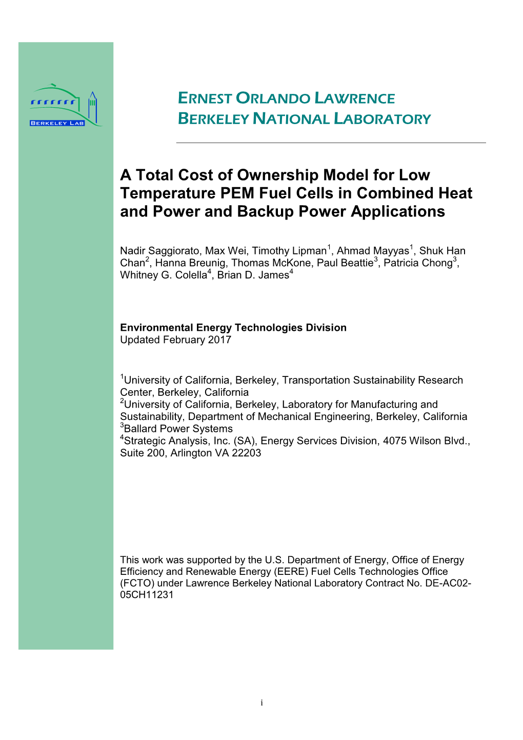 A Total Cost of Ownership Model for Low Temperature PEM Fuel Cells in Combined Heat and Power and Backup Power Applications