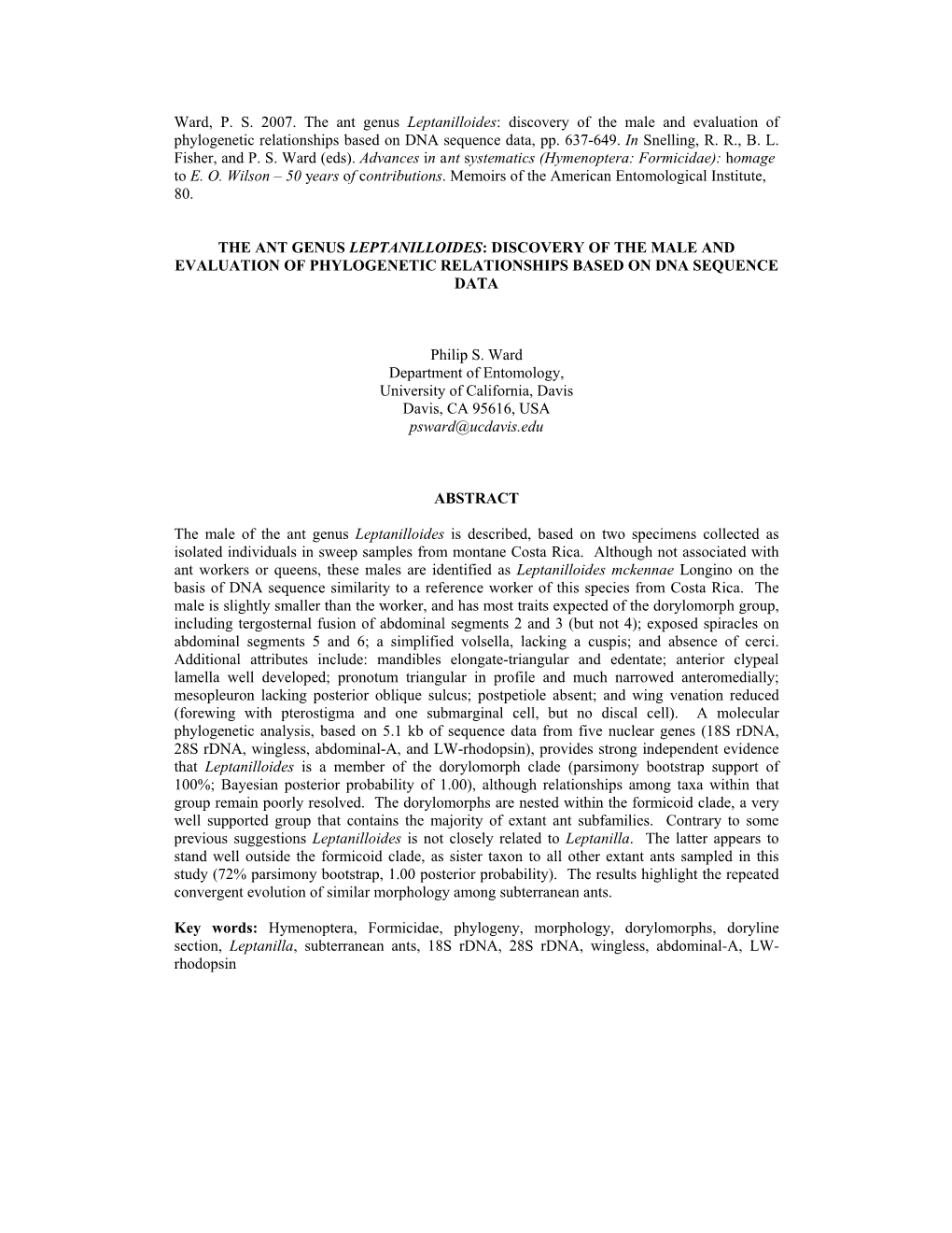 Ward, PS 2007. the Ant Genus Leptanilloides