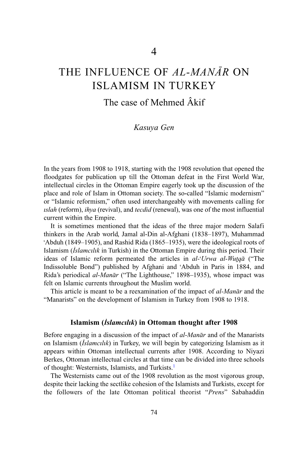 THE INFLUENCE of AL-MANAR on ISLAMISM in TURKEY the Case of Mehmed Âkif