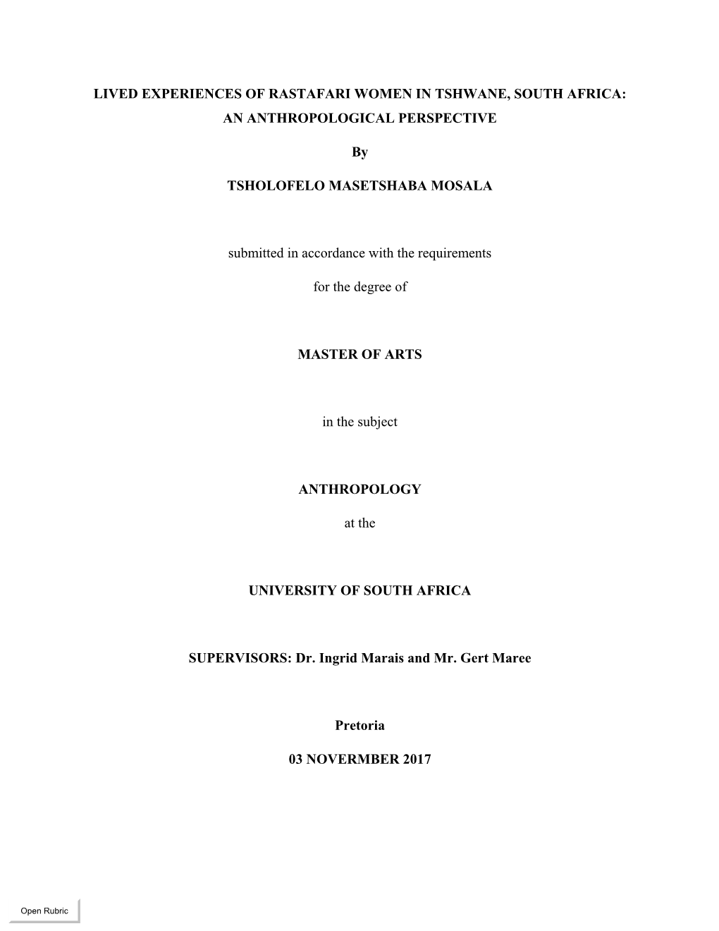 Lived Experiences of Rastafari Women in Tshwane, South Africa: an Anthropological Perspective