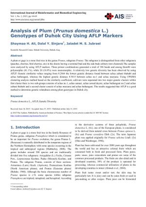 (Prunus Domestica L.) Genotypes of Duhok City Using AFLP Markers