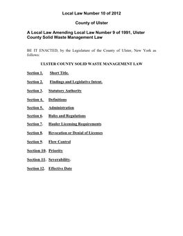 A Local Law Amending Local Law Number 9 of 1991, Ulster County Solid Waste Management Law