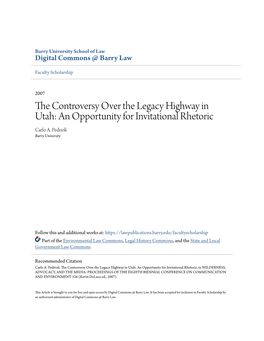 The Controversy Over the Legacy Highway in Utah: an Opportunity for Lnvitational Rhetoric T