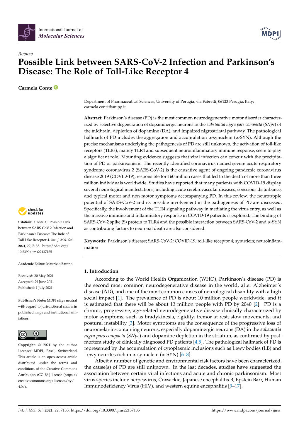 Possible Link Between SARS-Cov-2 Infection and Parkinson's Disease