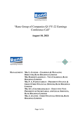 “Rane Group of Companies Q1 FY-22 Earnings Conference Call”