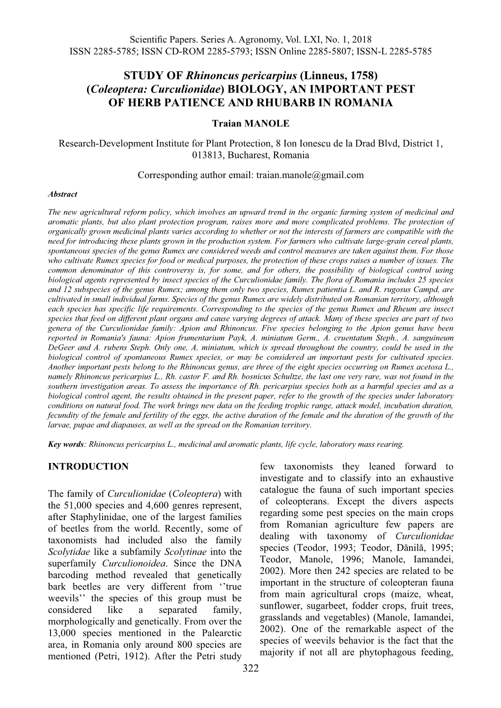 STUDY of Rhinoncus Pericarpius (Linneus, 1758) (Coleoptera: Curculionidae) BIOLOGY, an IMPORTANT PEST of HERB PATIENCE and RHUBARB in ROMANIA