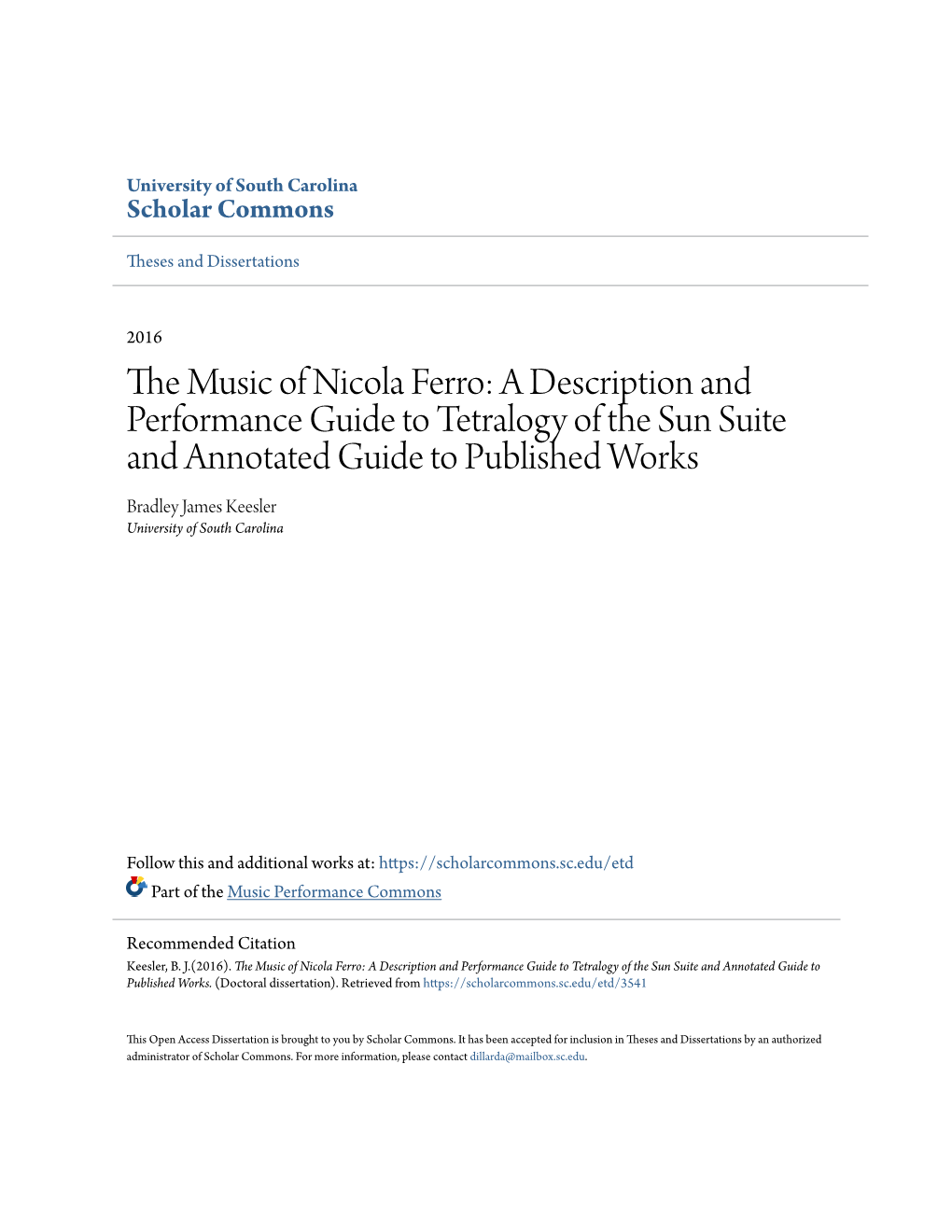 The Music of Nicola Ferro: a Description and Performance Guide to Tetralogy of the Sun Suite and Annotated Guide to Published Works