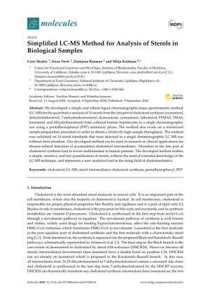 Simplified LC-MS Method for Analysis of Sterols in Biological Samples