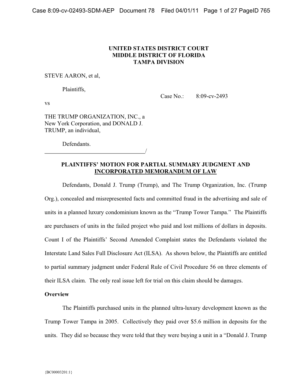 Case 8:09-Cv-02493-SDM-AEP Document 78 Filed 04/01/11 Page 1 of 27 Pageid 765