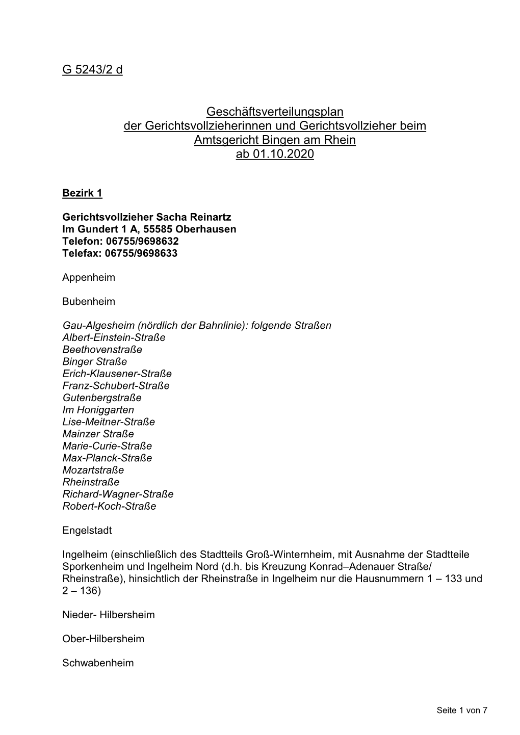 G 5243/2 D Geschäftsverteilungsplan Der Gerichtsvollzieherinnen Und Gerichtsvollzieher Beim Amtsgericht Bingen Am Rhein Ab