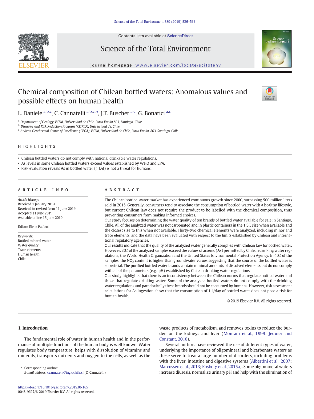 Chemical Composition of Chilean Bottled Waters: Anomalous Values and Possible Effects on Human Health