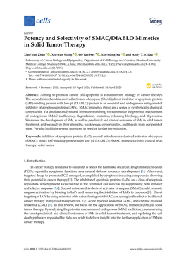 Potency and Selectivity of SMAC/DIABLO Mimetics in Solid Tumor Therapy