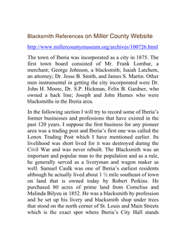 Blacksmith References on Miller County Website the Town of Iberia Was Incorporated As a City in 1875