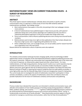 MATHEMATICIANS' VIEWS on CURRENT PUBLISHING ISSUES: a SURVEY of RESEARCHERS Kristine K