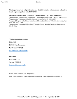 Murine Perinatal Beta Cell Proliferation and the Differentiation of Human Stem Cell Derived Insulin Expressing Cells Require NEUROD1