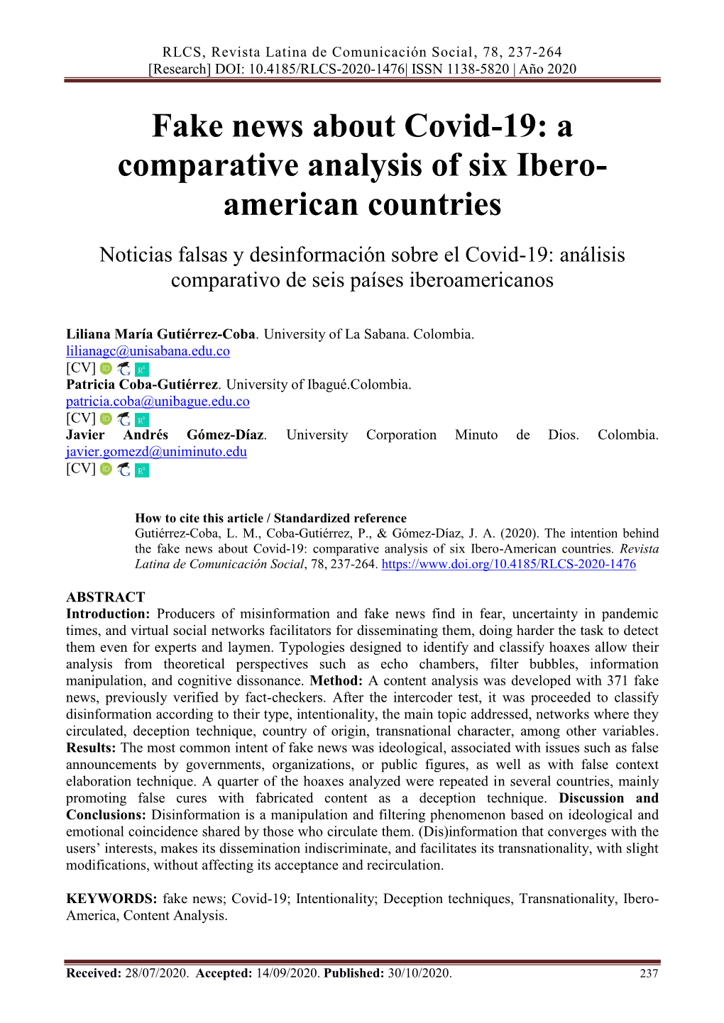 Fake News About Covid-19: a Comparative Analysis of Six Ibero- American Countries