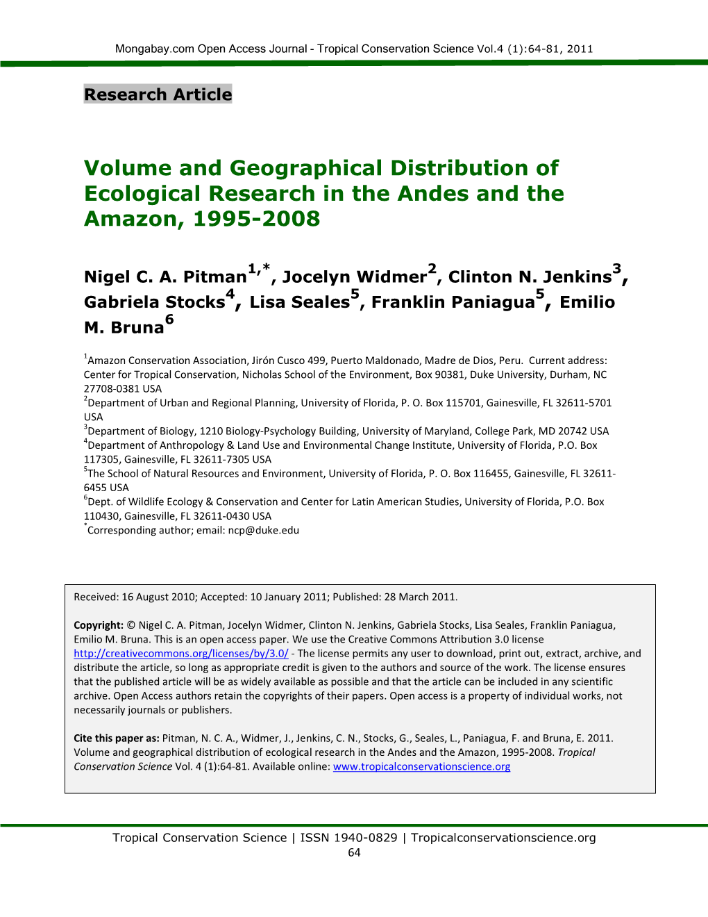 Volume and Geographical Distribution of Ecological Research in the Andes and the Amazon, 1995-2008