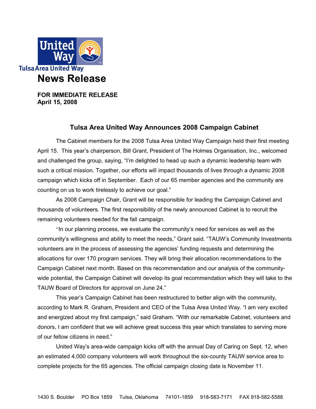 Tulsa Area United Way Announces 2008 Campaign Cabinet