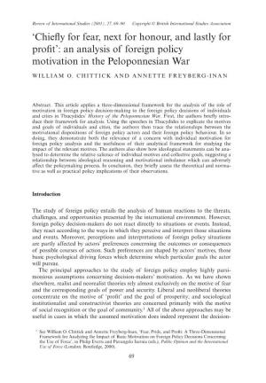 An Analysis of Foreign Policy Motivation in the Peloponnesian War