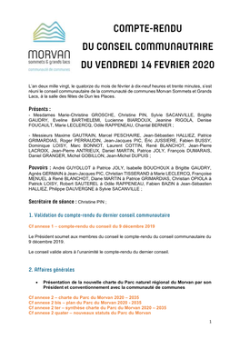 Compte-Rendu Du Conseil Communautaire Du Vendredi 14 Fevrier 2020