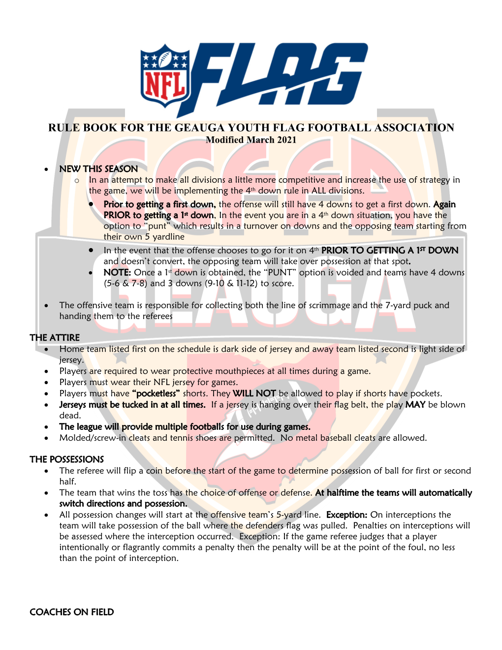 RULE BOOK for the GEAUGA YOUTH FLAG FOOTBALL ASSOCIATION Modified March 2021