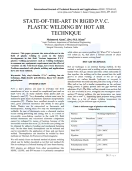 STATE-OF-THE-ART in RIGID P.V.C. PLASTIC WELDING by HOT AIR TECHNIQUE Mahmood Alam1, (Dr.) M.I