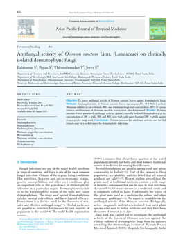 Antifungal Activity of Ocimum Sanctum Linn. (Lamiaceae) on Clinically Isolated Dermatophytic Fungi Balakumar S1, Rajan S2, Thirunalasundari T3, Jeeva S4*