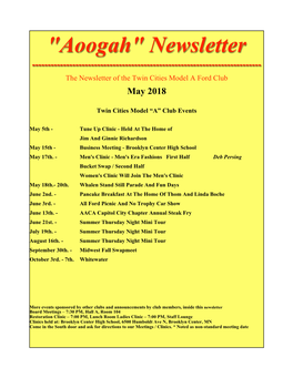 "Aoogah" Newsletter ------The Newsletter of the Twin Cities Model a Ford Club May 2018