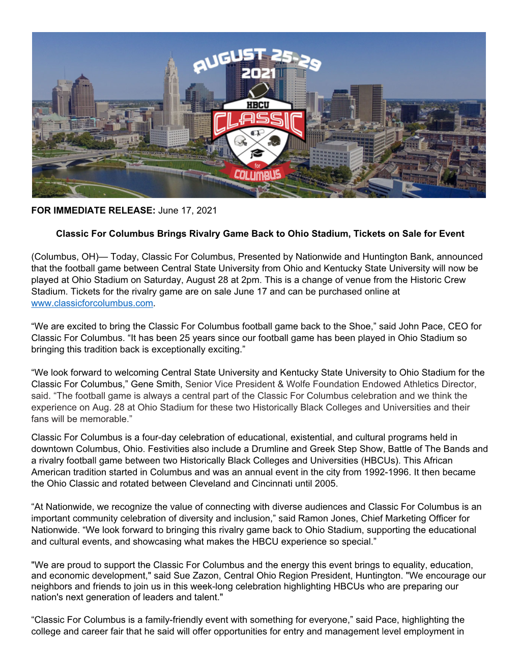 FOR IMMEDIATE RELEASE: June 17, 2021 Classic for Columbus Brings