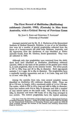 (Raillietina) Celebensis (Janicki, 1902), (Cestoda) in Man from Australia, with a Critical Survey of Previous Gases