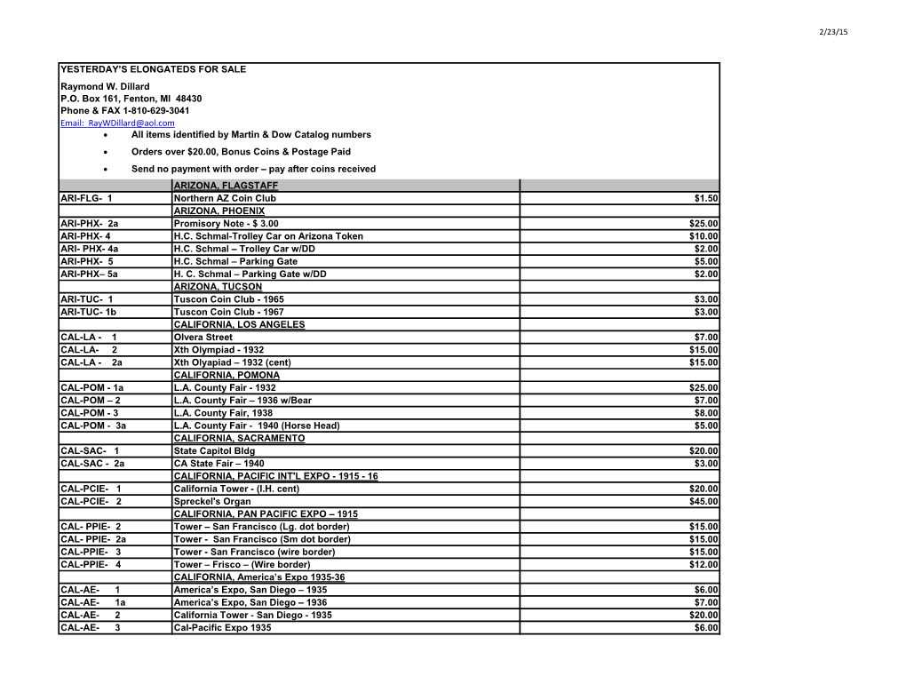 A for Sale List of Elongated Coins from Ray's Collection